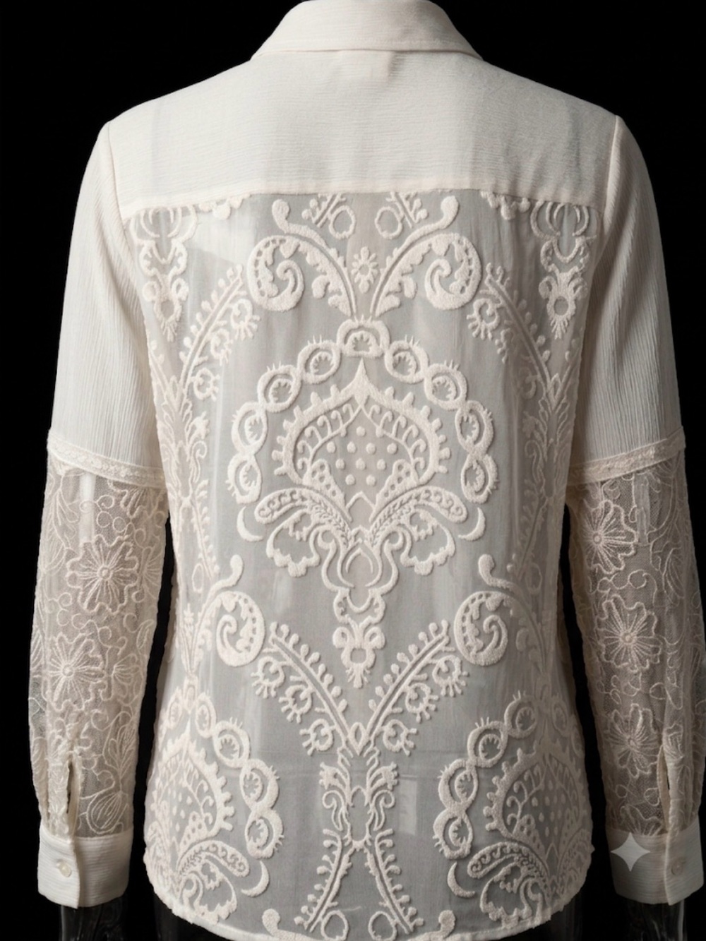 Chico's Off-White Lace Sheer Burnout Velvet Button Down Blouse Top Size M